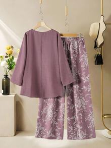 Lacomfia Women's Round Neck Long Sleeve Loose Wide Leg Printed Casual Comfortable Plus Size 2 Pieces Set Fall - Pink - View 2