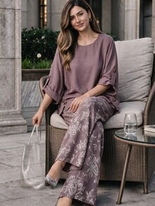 Lacomfia Women's Round Neck Long Sleeve Loose Wide Leg Printed Casual Comfortable Plus Size 2 Pieces Set Fall - Pink - View 1