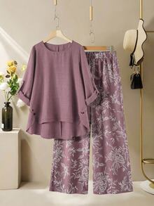 Lacomfia Women's Round Neck Long Sleeve Loose Wide Leg Printed Casual Comfortable Plus Size 2 Pieces Set Fall - Pink - View 3