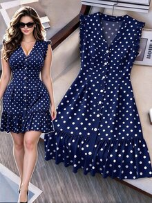 GlowEve CURVE Plus Size V-Neck Casual Dress, Elegant & Versatile For Daily, Vacation, Wedding, Party, Slimming & Flattering - Navy Blue - View 1