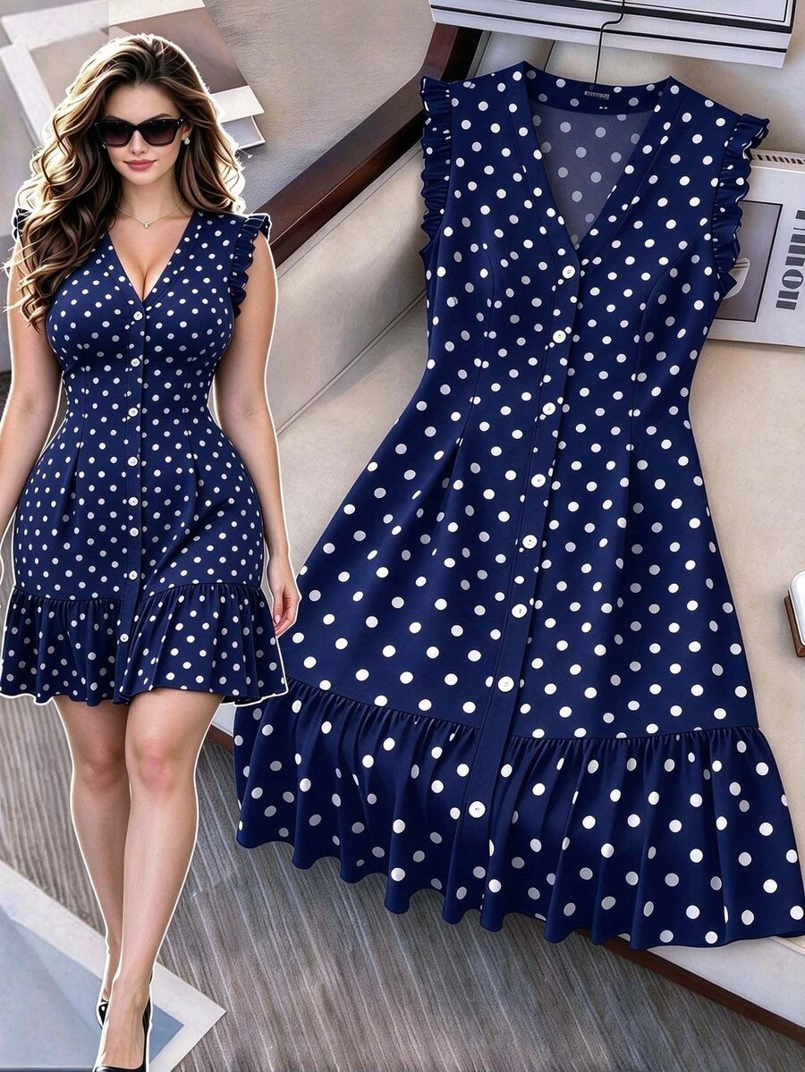 GlowEve CURVE Plus Size V-Neck Casual Dress, Elegant & Versatile For Daily, Vacation, Wedding, Party, Slimming & Flattering - Navy Blue - View 1
