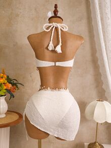 Swim Vcay Bộ đồ bơi 3 món cho mùa Xuân/Hè đi biển và tắm nắng, màu trơn, họa tiết vân, viền vỏ sò, dây tết, cổ yếm, bikini tam giác kèm quần bơi và chân váy cho nữ - Màu be - Xem 2