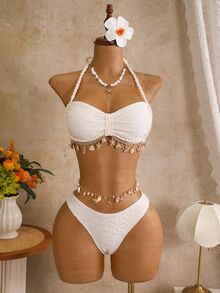 Swim Vcay Bộ đồ bơi 3 món cho mùa Xuân/Hè đi biển và tắm nắng, màu trơn, họa tiết vân, viền vỏ sò, dây tết, cổ yếm, bikini tam giác kèm quần bơi và chân váy cho nữ - Màu be - Xem 5