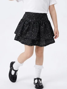 SHEIN 青少年女孩返校休閒卡其色鬆緊腰百褶短裙 - 黑色 - 查看 1