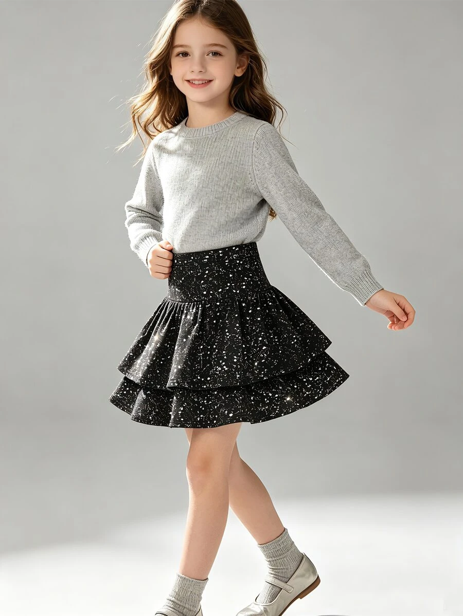 SHEIN Tween Girls Back To School Casual Khaki Elastic Waist Pleated Short Skirt - Black - View 1