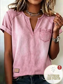 SHEIN 女款休閒通勤牛仔效果印花T恤 - 粉色 - 查看 2