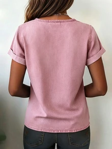 SHEIN 女款休閒通勤牛仔效果印花T恤 - 粉色 - 查看 3