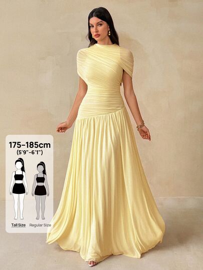 SHEIN Tall Vestido ajustado con cuello redondo, manga corta, fruncido y falda acampanada para mujer alta en color amarillo