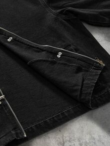FeverCity Men's Washed Turn-Down Collar Long Sleeve Snap Button Jacket - Black - View 8