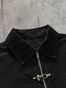 FeverCity Men's Washed Turn-Down Collar Long Sleeve Snap Button Jacket - Black - View 4