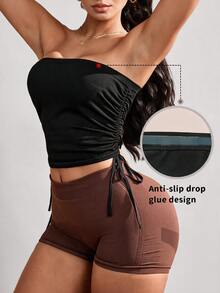 Slayform 1pc Women's Seamless Solid Color Double Drawstring Bandeau Casual Outdoor Training Running Workout Yoga Studio Sports T-Shirt - Black - View 1