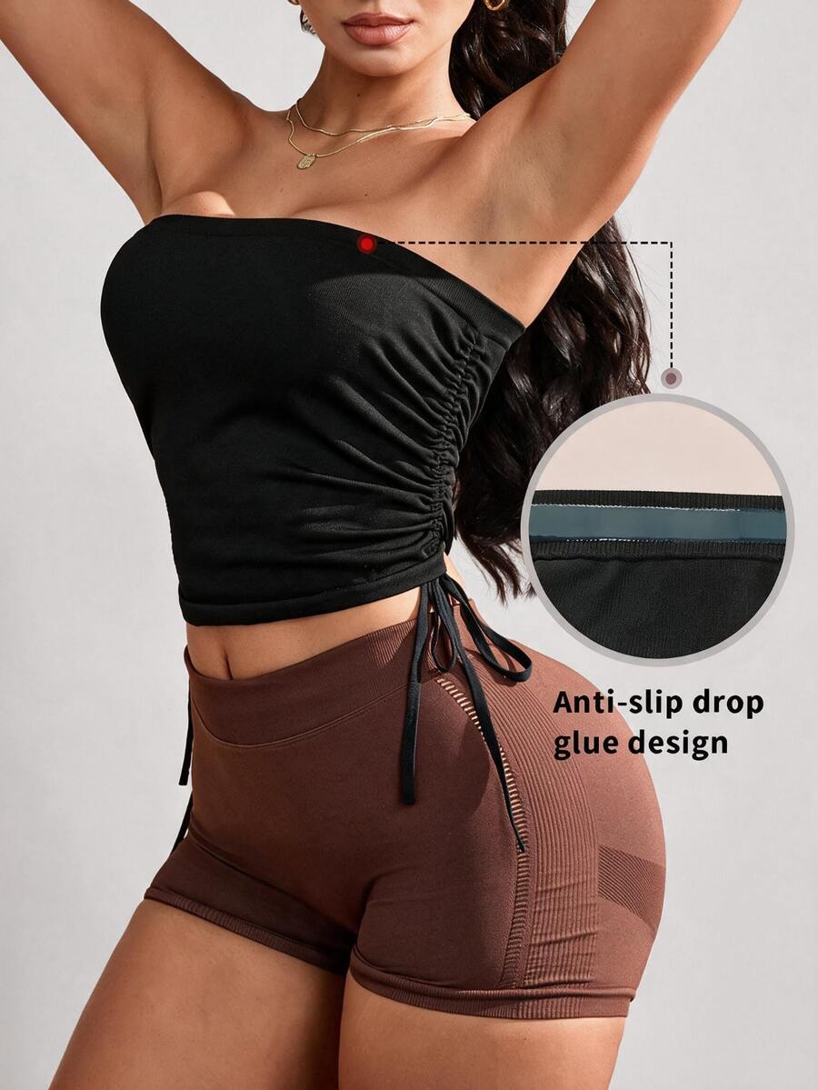 Slayform 1pc Women's Seamless Solid Color Double Drawstring Bandeau Casual Outdoor Training Running Workout Yoga Studio Sports T-Shirt - Black - View 1