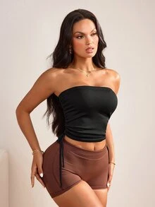 Slayform 1pc Women's Seamless Solid Color Double Drawstring Bandeau Casual Outdoor Training Running Workout Yoga Studio Sports T-Shirt - Black - View 5