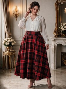 Rometta Plus Size Women's Elegant Plaid Flared Skirt, Christmas Fall - Red - View 1