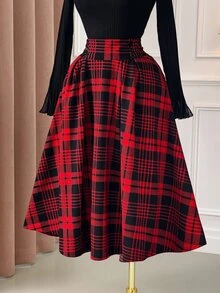 Rometta Plus Size Women's Elegant Plaid Flared Skirt, Christmas Fall - Red - View 4