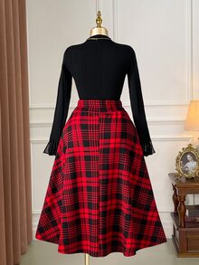 Rometta Plus Size Women's Elegant Plaid Flared Skirt, Christmas Fall - Red - View 2