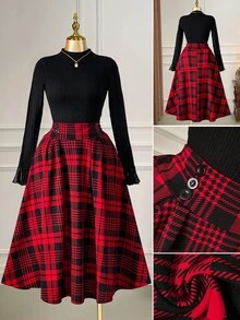 Rometta Plus Size Women's Elegant Plaid Flared Skirt, Christmas Fall - Red - View 3