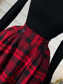 Rometta Plus Size Women's Elegant Plaid Flared Skirt, Christmas Fall - Red - View 7