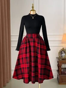 Rometta Plus Size Women's Elegant Plaid Flared Skirt, Christmas Fall - Red - View 5