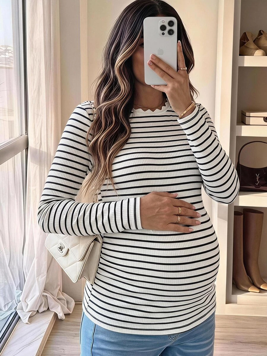 SHEIN Maternity Curved Hem Round Neck Long Sleeve Striped Casual T-Shirt Fall - White - View 1