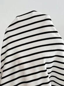 SHEIN 孕婦圓領長袖條紋休閒T恤，弧形下擺，秋季款 - 白色 - 查看 5