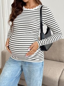 SHEIN 孕婦圓領長袖條紋休閒T恤，弧形下擺，秋季款 - 白色 - 查看 3