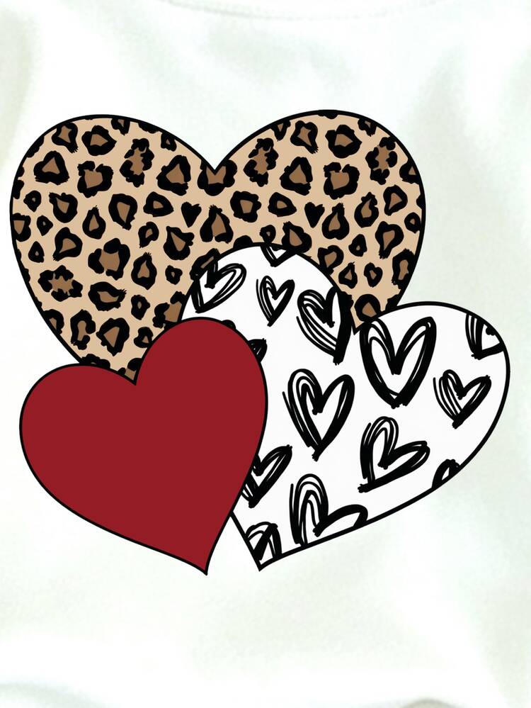 Young Girls 3 Set Leopard Print Heart Butterfly Plaid Crew Neck Sweatshirt Leggings Fall Casual Western, Fresh And Comfortable Outfits White - Multicolor - View 7