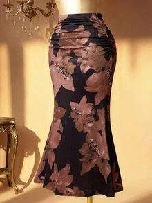 Rometta Floral Print Elastic Bodycon Fishtail Skirt,Black,Autumn,1920s,Tea Party French Elegant Versatile Design Sense Cloth For Women - Brown - View 11