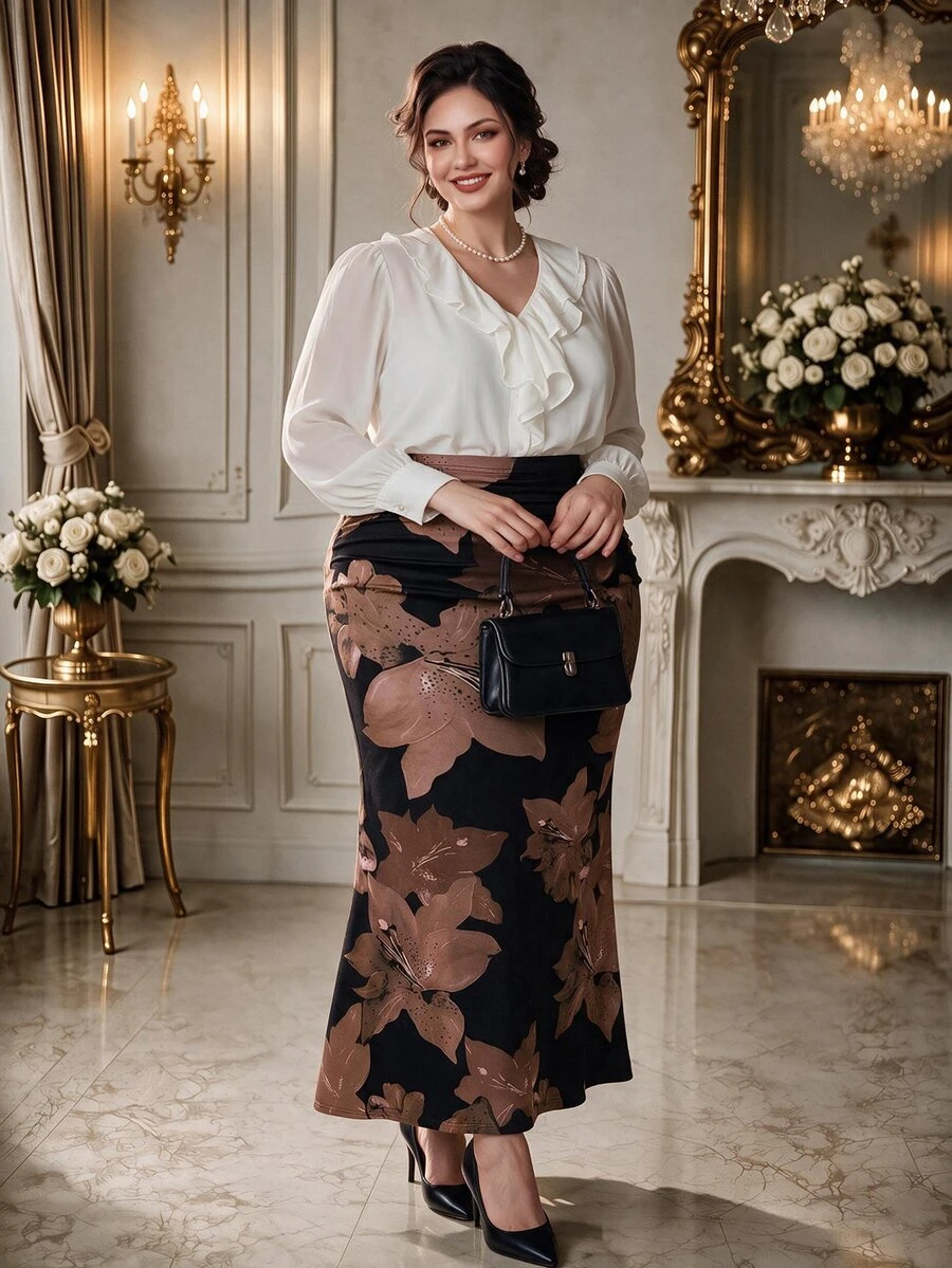 Rometta Floral Print Elastic Bodycon Fishtail Skirt,Black,Autumn,1920s,Tea Party French Elegant Versatile Design Sense Cloth For Women - Brown - View 1