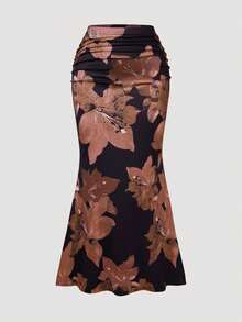 Rometta Floral Print Elastic Bodycon Fishtail Skirt,Black,Autumn,1920s,Tea Party French Elegant Versatile Design Sense Cloth For Women - Brown - View 5