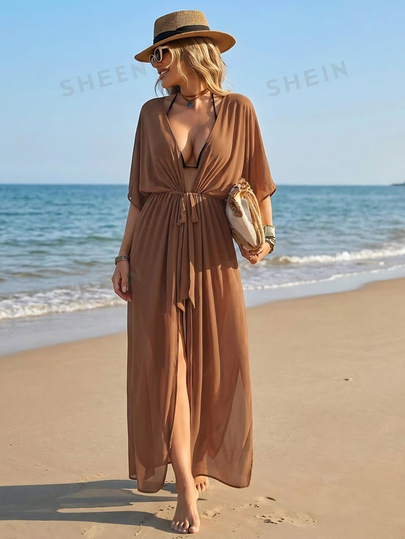 SHEIN Swim 女式深 V 领收腰蝙蝠袖休闲假日和服罩衫夏季