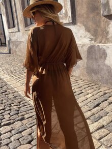 SHEIN Swim 女式深 V 领收腰蝙蝠袖休闲假日和服罩衫夏季 - 咖啡棕 - 查看 7