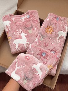 Comfortcana 大尺碼聖誕粉色居家派對趣味發光布料毛絨休閒可愛馴鹿套裝 - 粉色 - 查看 5