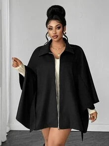 Maweii Plus Size Women's Black Lapel Zip-Up Jacket With Belt, Long Sleeve, Spring/Autumn/Winter, Elegant, Fashionable, Casual, Commute, Business Office, Daily Wear, Versatile, Urban Teacher Professional Outfit, Sexy Date, Dating Outing, Holiday Party Clothing - Black - View 6