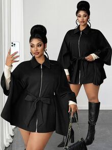 Maweii Plus Size Women's Black Lapel Zip-Up Jacket With Belt, Long Sleeve, Spring/Autumn/Winter, Elegant, Fashionable, Casual, Commute, Business Office, Daily Wear, Versatile, Urban Teacher Professional Outfit, Sexy Date, Dating Outing, Holiday Party Clothing - Black - View 1