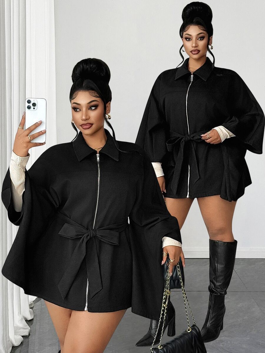 Maweii Plus Size Women's Black Lapel Zip-Up Jacket With Belt, Long Sleeve, Spring/Autumn/Winter, Elegant, Fashionable, Casual, Commute, Business Office, Daily Wear, Versatile, Urban Teacher Professional Outfit, Sexy Date, Dating Outing, Holiday Party Clothing - Black - View 1