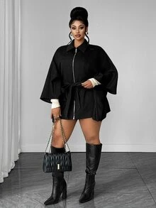 Maweii Plus Size Women's Black Lapel Zip-Up Jacket With Belt, Long Sleeve, Spring/Autumn/Winter, Elegant, Fashionable, Casual, Commute, Business Office, Daily Wear, Versatile, Urban Teacher Professional Outfit, Sexy Date, Dating Outing, Holiday Party Clothing - Black - View 5