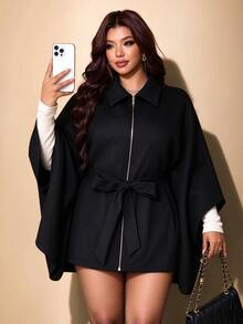 Maweii Plus Size Women's Black Lapel Zip-Up Jacket With Belt, Long Sleeve, Spring/Autumn/Winter, Elegant, Fashionable, Casual, Commute, Business Office, Daily Wear, Versatile, Urban Teacher Professional Outfit, Sexy Date, Dating Outing, Holiday Party Clothing - Black - View 7
