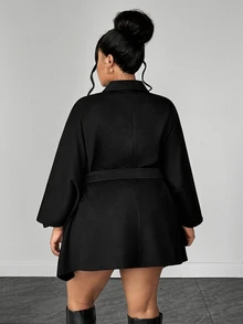 Maweii Plus Size Women's Black Lapel Zip-Up Jacket With Belt, Long Sleeve, Spring/Autumn/Winter, Elegant, Fashionable, Casual, Commute, Business Office, Daily Wear, Versatile, Urban Teacher Professional Outfit, Sexy Date, Dating Outing, Holiday Party Clothing - Black - View 2