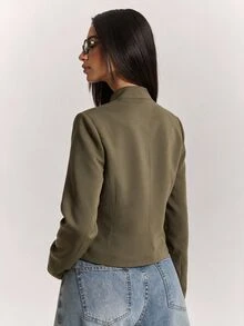 SHEIN BAE 女款鈕扣設計拉鍊門襟休閒復古優雅修身夾克，日常穿搭橄欖綠秋季辦公 - 淺灰色 - 查看 2