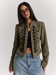 SHEIN BAE 女款鈕扣設計拉鍊門襟休閒復古優雅修身夾克，日常穿搭橄欖綠秋季辦公 - 淺灰色 - 查看 3