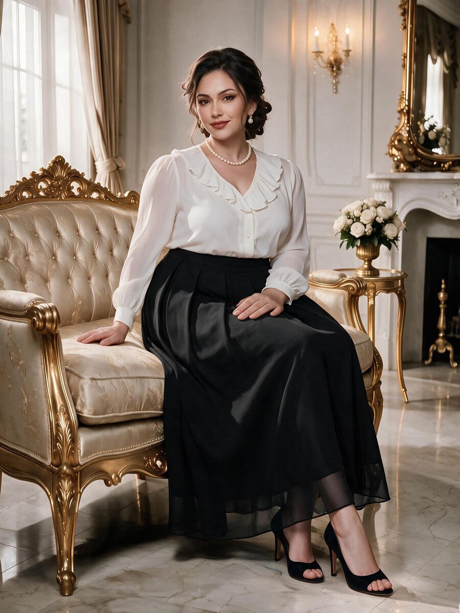 Rometta Plus Size Women's Chiffon Solid A-Line Skirt Fall Cloth For Women - Black - View 1
