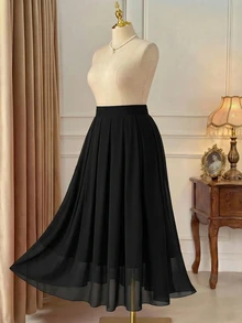 Rometta Plus Size Women's Chiffon Solid A-Line Skirt Fall Cloth For Women - Black - View 2