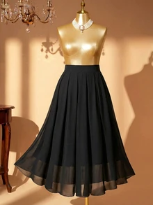 Rometta Plus Size Women's Chiffon Solid A-Line Skirt Fall Cloth For Women - Black - View 3