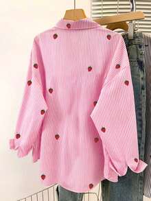 Resyla [Printed Design] Women's Top Pink And White Striped Strawberry Print Pattern Blouse, Cute Picnic Summer Back-To-School Loose Long-Sleeved Casual Convertible Blouses Shirt - Pink - View 3