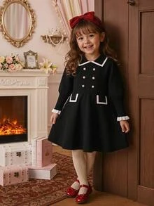 Elladie kids 女童甜美可愛人造珍珠鈕扣洋裝，優雅公主風，適合度假穿著 - 黑色 - 查看 10