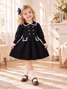 Elladie kids 女童甜美可愛人造珍珠鈕扣洋裝，優雅公主風，適合度假穿著 - 黑色 - 查看 1