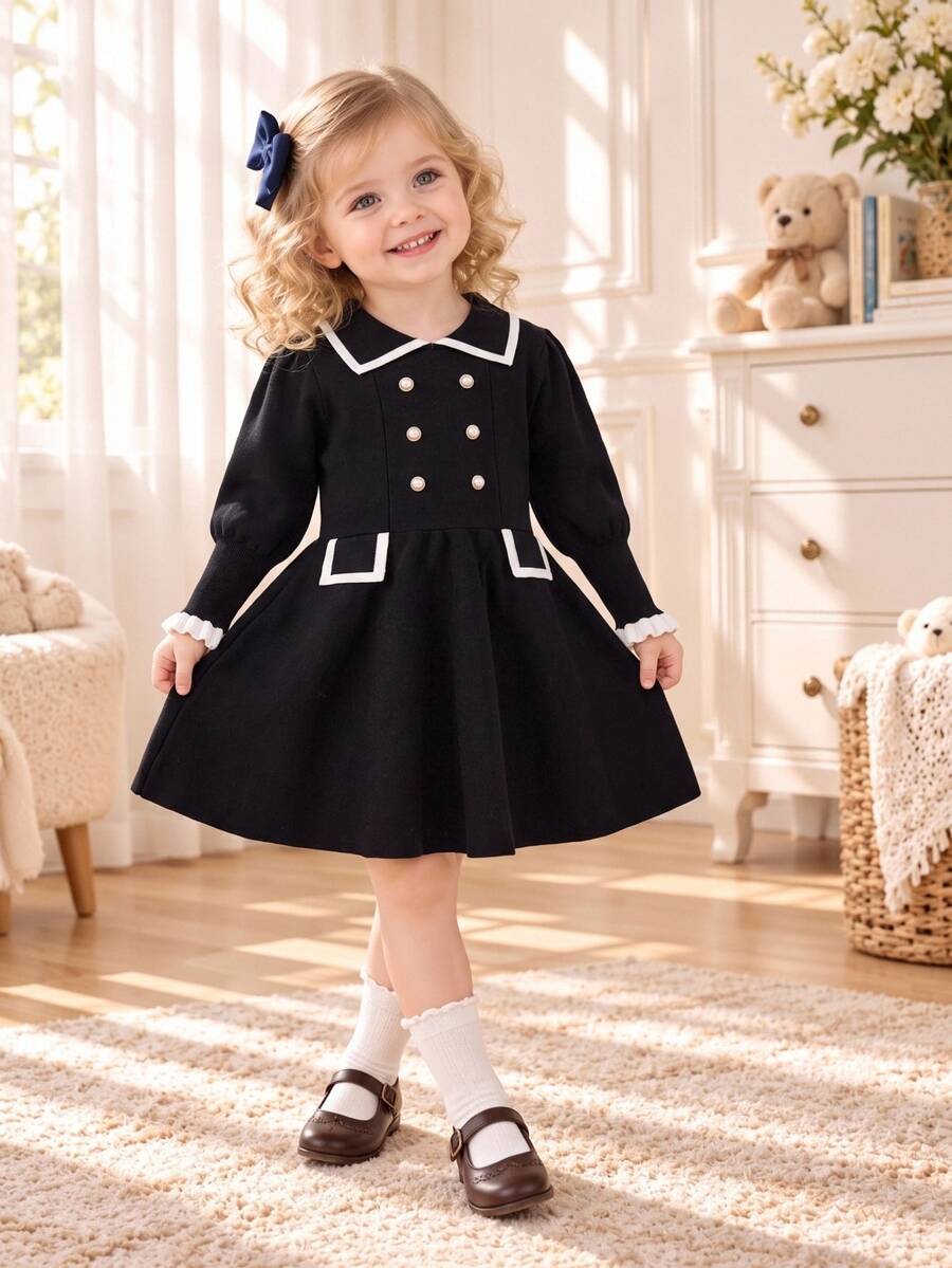 Elladie kids 女童甜美可愛人造珍珠鈕扣洋裝,優雅公主風,適合度假穿著 - 黑色 - 查看 1