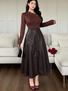 Feyla New French Design High Waist Elegant A-Line Slimming Daily Versatile Commute PU Skirt - Brown - View 3