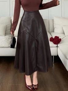 Feyla New French Design High Waist Elegant A-Line Slimming Daily Versatile Commute PU Skirt - Brown - View 1
